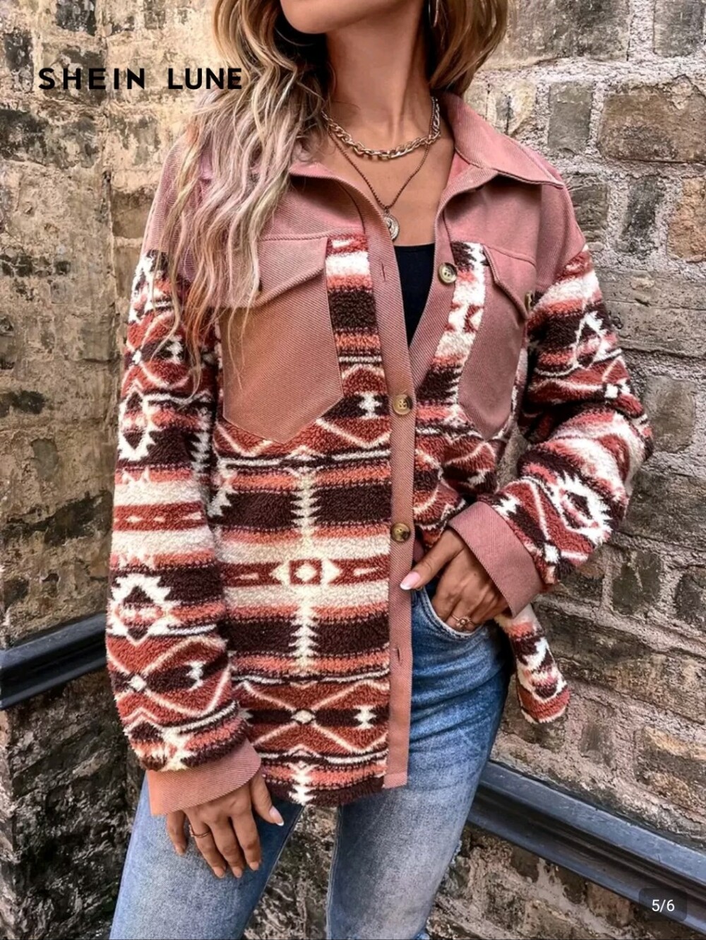 Shein Lune Geo Pattern Flap Pocket Drop Shoulder Coat